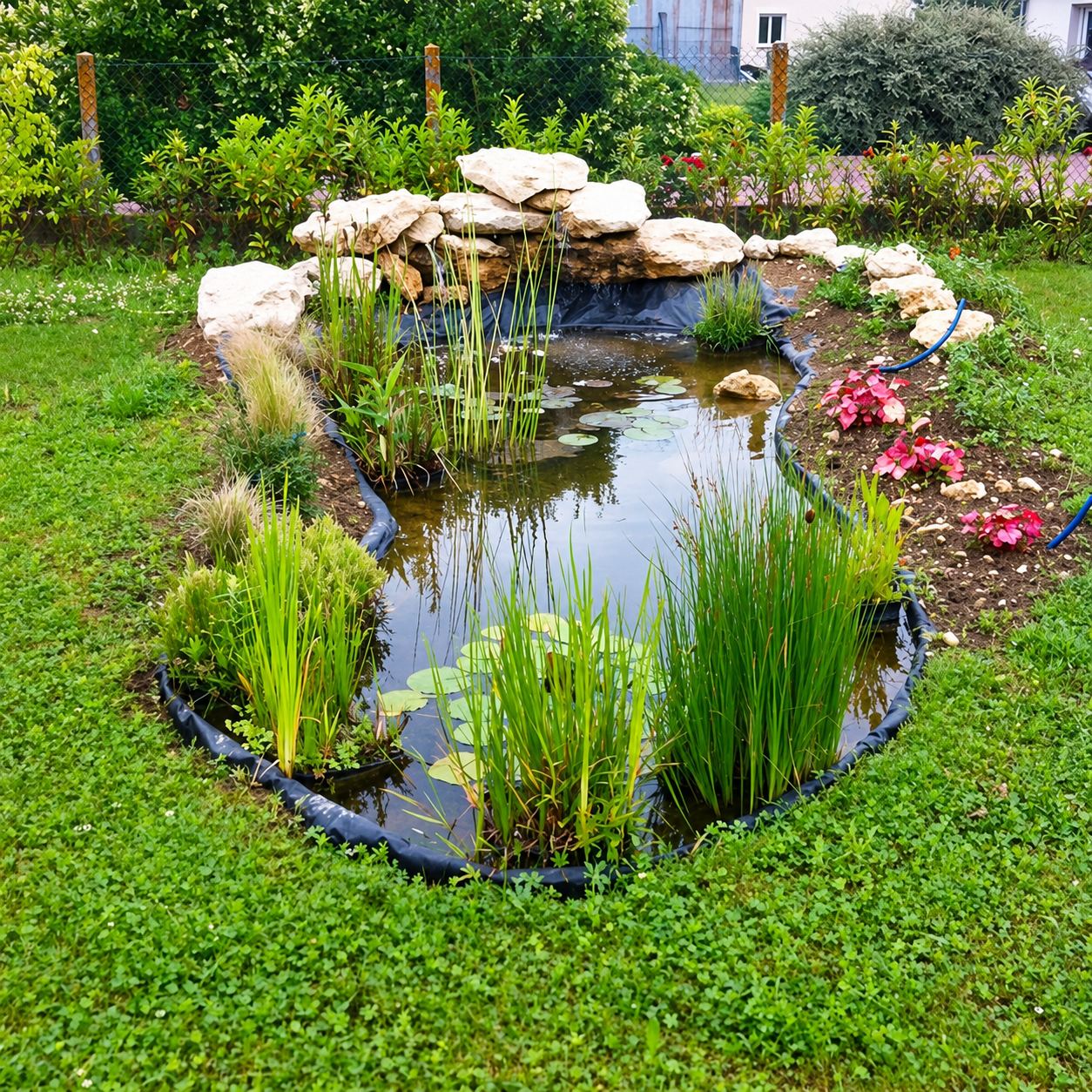 Un bassin de jardin à la bordure de bâche noire, entouré de pelouse, avec une petite cascade de pierres blanches, des roseaux, des nénuphars et des fleurs roses.