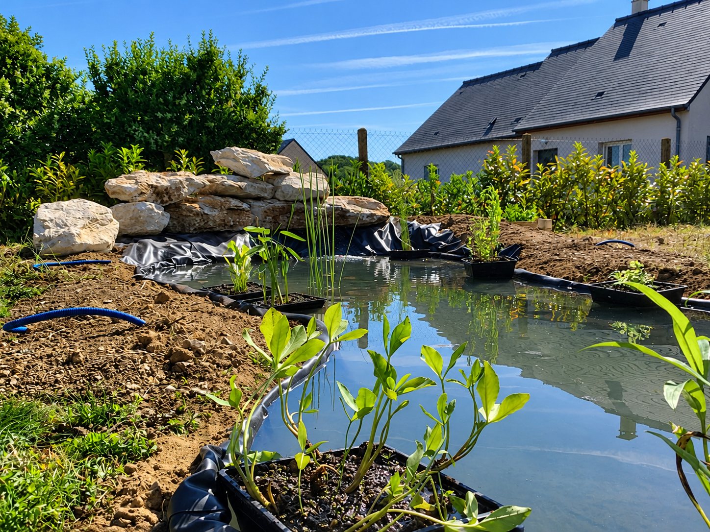 Un bassin de jardin fraîchement creusé, bordé d'une bâche noire et de gros rochers, avec des plantes aquatiques en bacs devant une maison.
