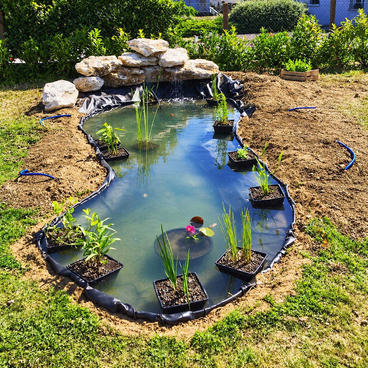 Un bassin de jardin fraîchement aménagé, tapissé d'une bâche noire, avec des plantes aquatiques en bacs et un amas de rochers clairs au fond.