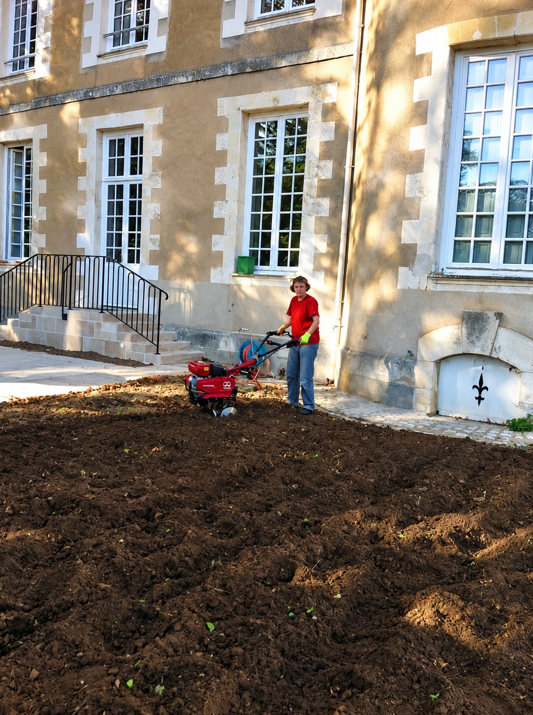 Un homme en t-shirt rouge utilise une motobineuse rouge pour préparer un grand terrain de terre brune devant la façade en pierre d'une demeure ancienne.