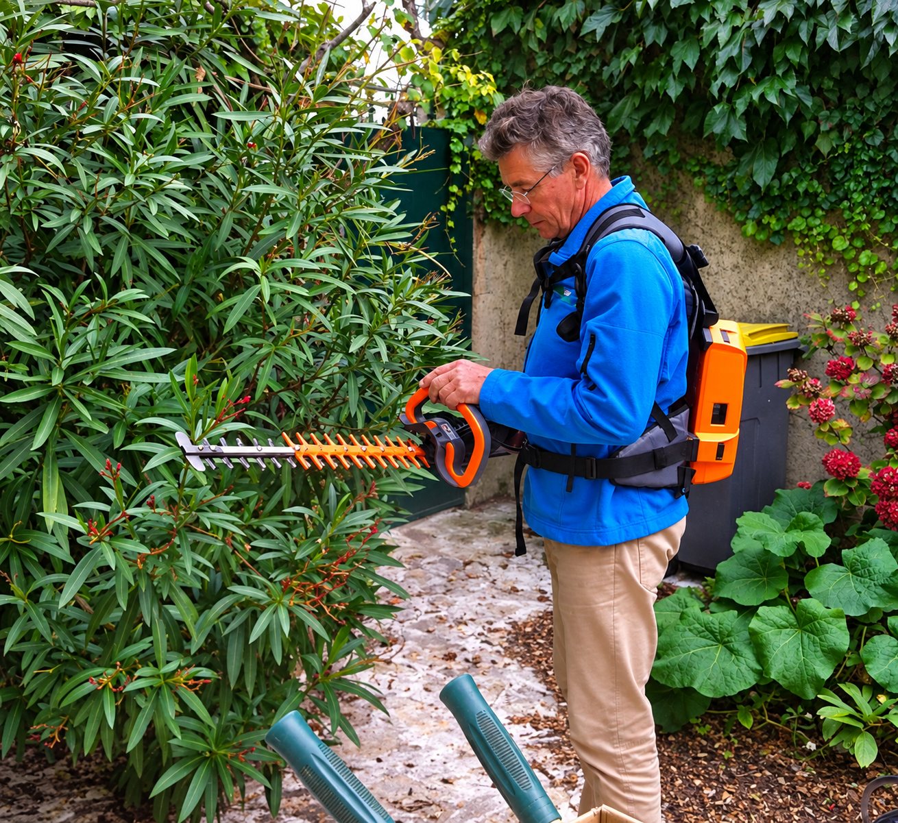 Un homme en veste bleue taille un massif d'arbustes avec un taille-haie orange relié à une batterie portée dans le dos, dans un jardin.