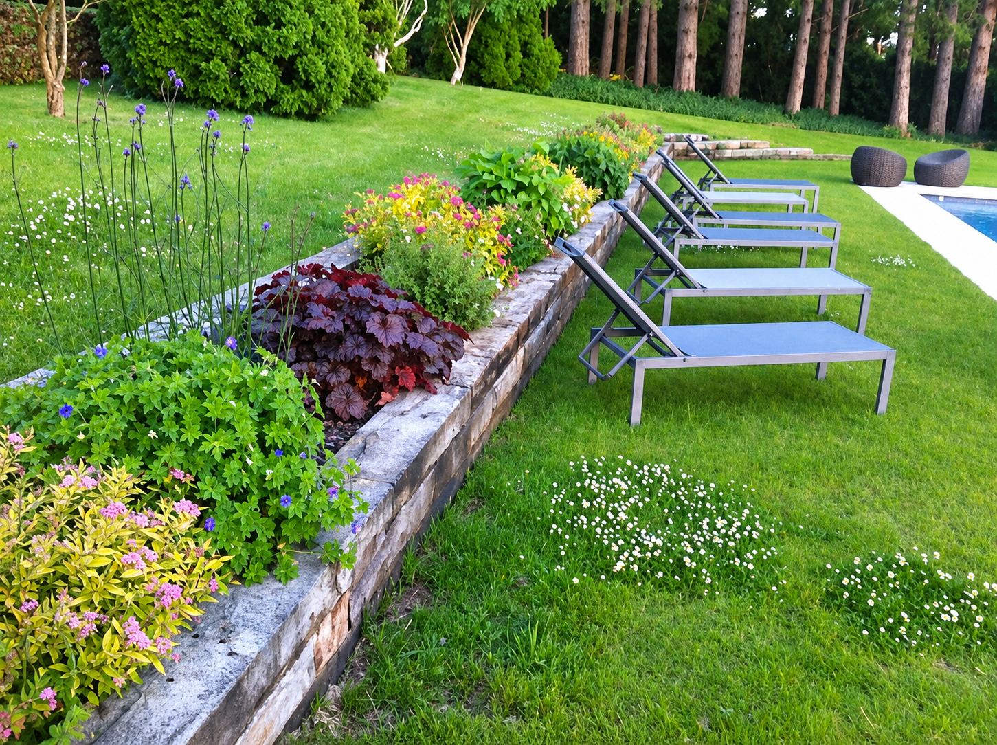 Un jardin en terrasse avec un massif de fleurs et de feuillages bordé d'un muret de pierre, et des bains de soleil alignés sur la pelouse près d'une piscine.