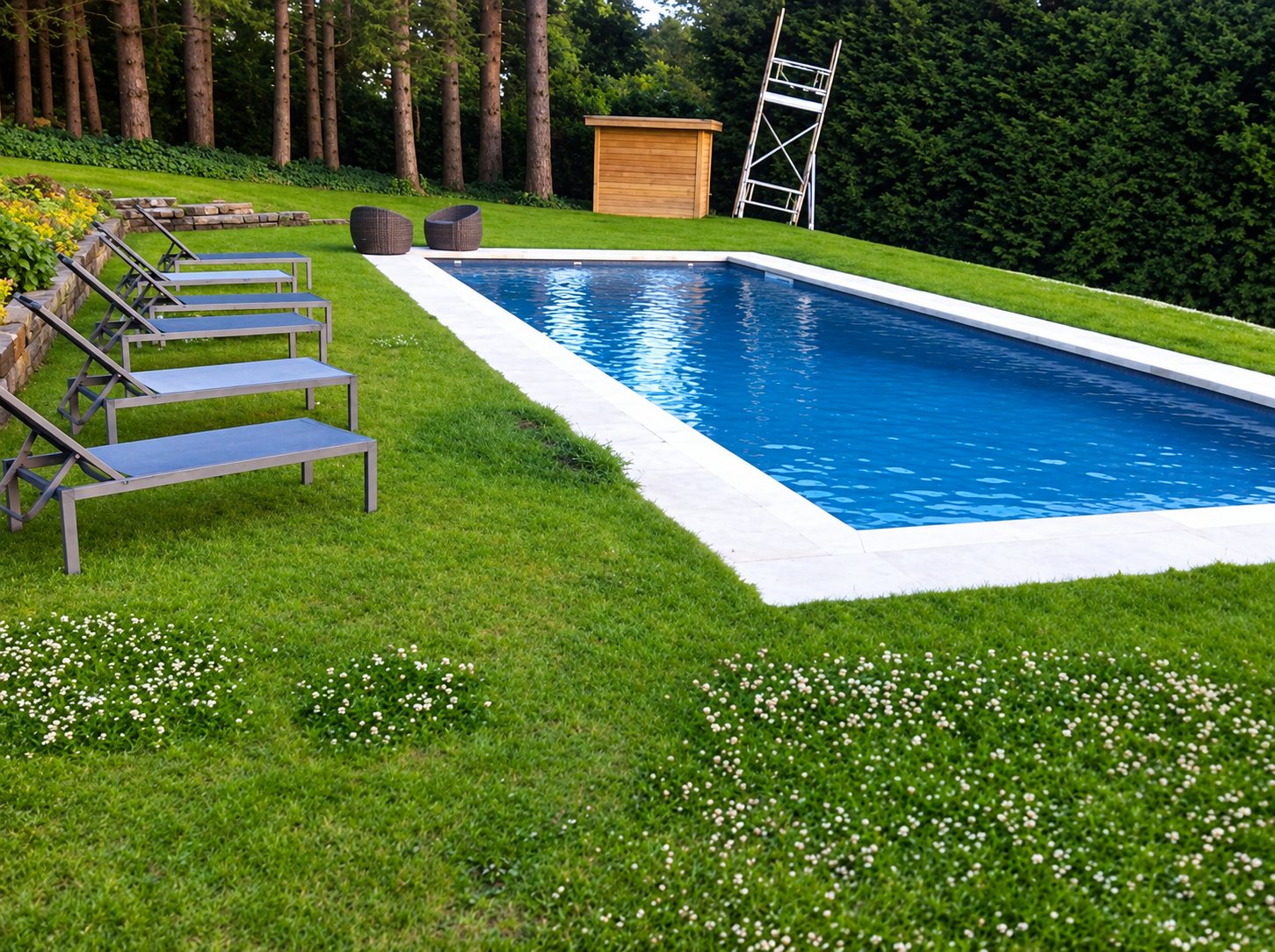 Une piscine rectangulaire à l'eau bleue, bordée de margelles claires, entourée d'une pelouse avec des bains de soleil alignés et une petite cabane en bois.
