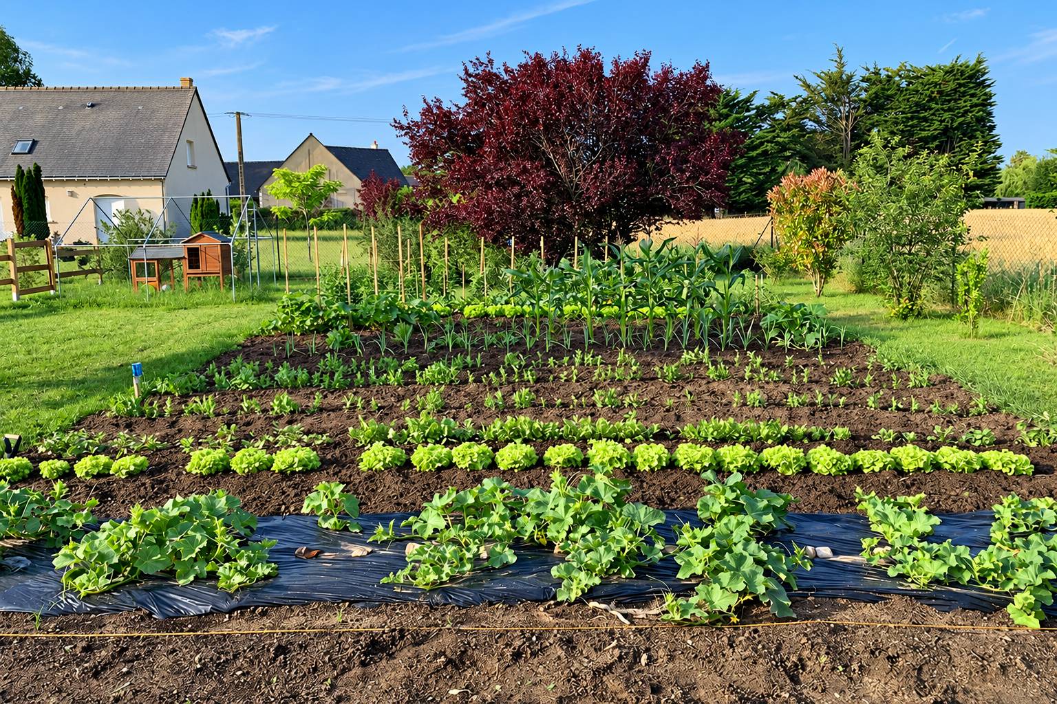 Un potager bien entretenu avec des rangs de salades, des courges sur bâche noire et du maïs, devant une maison et des arbres par une journée ensoleillée.