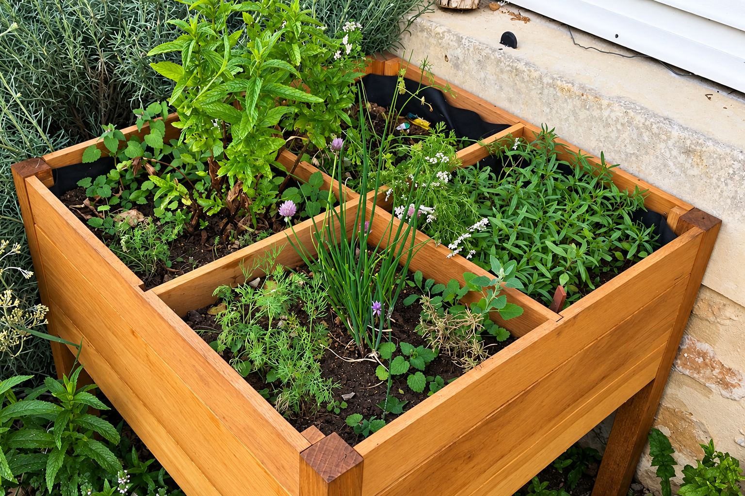 Un carré potager surélevé en bois à compartiments, planté de menthe, ciboulette, aneth et autres herbes aromatiques, installé contre un mur en pierre.
