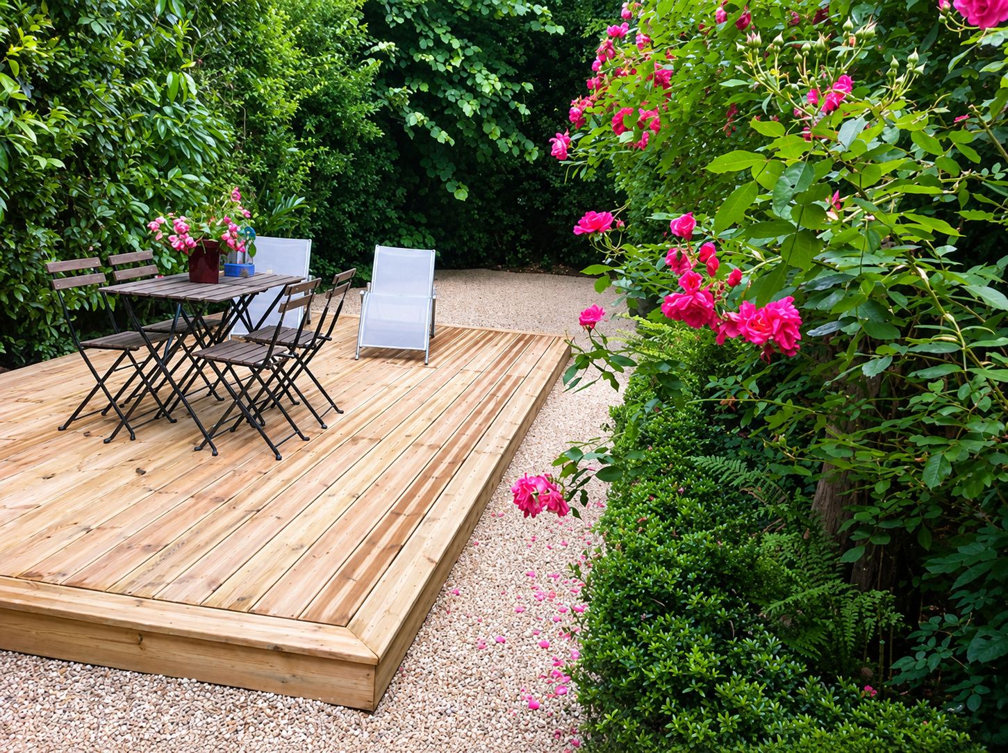 Une terrasse en bois claire posée sur du gravier, meublée d'une table pliante et de chaises, entourée de rosiers en fleurs et de verdure.